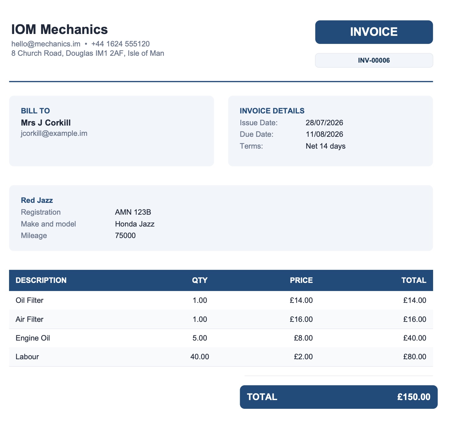 Tally Up Invoice displaying a vehicle job record