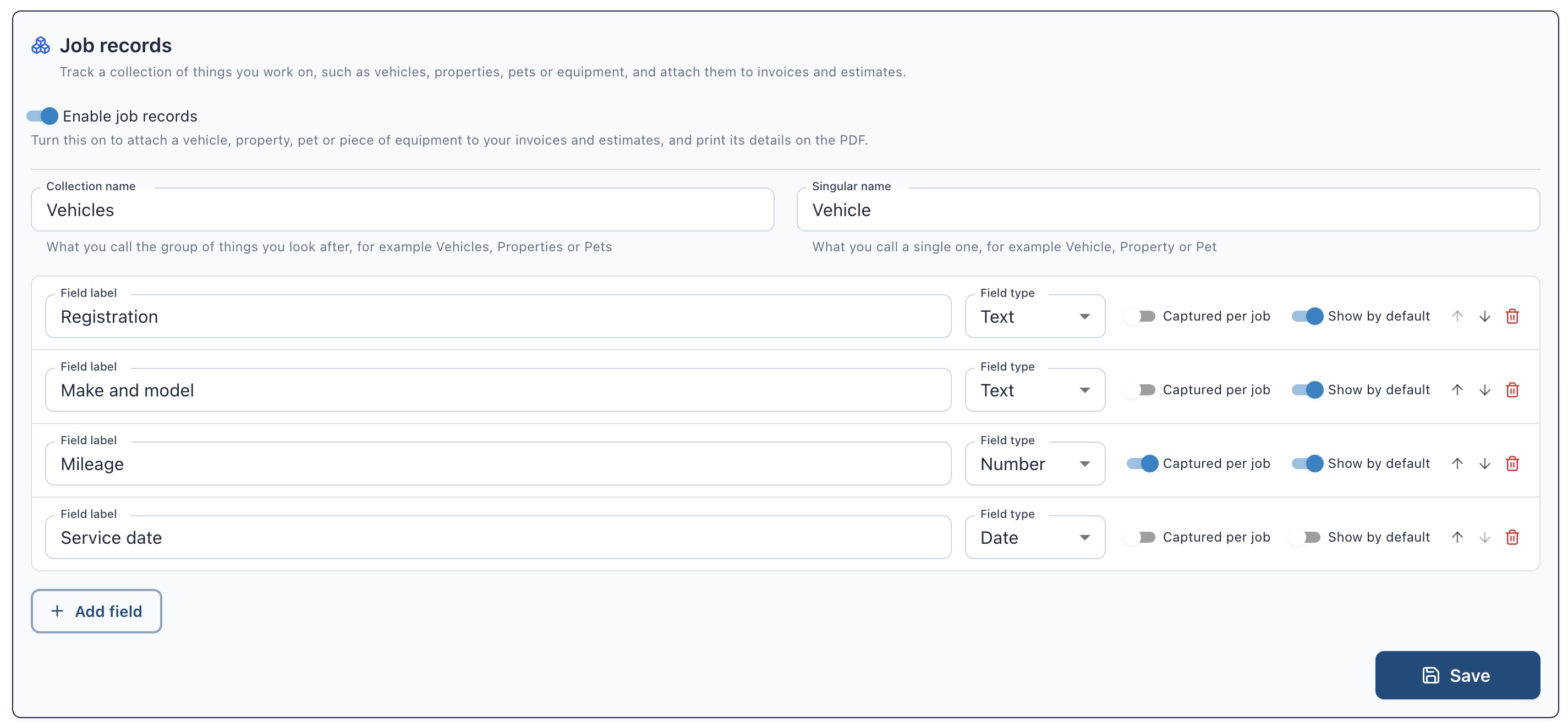 Tally Up Profile Settings - Job Records showcasing a vehicle type