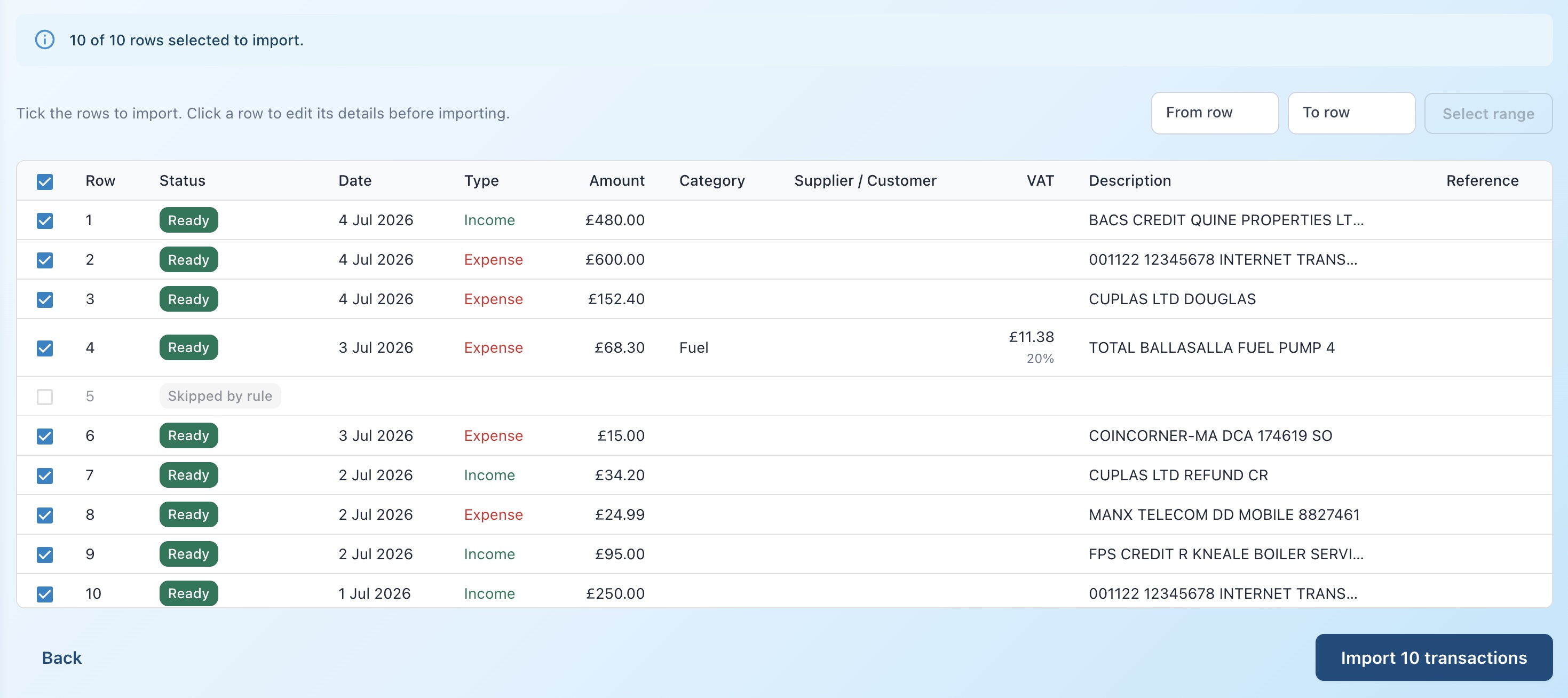 Data Importer preview allows you to view, edit and remove rows before they become transactions