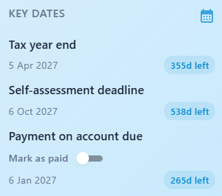 Tally Up displays your key dates and running tax estimate on your dashboard throughout the year.